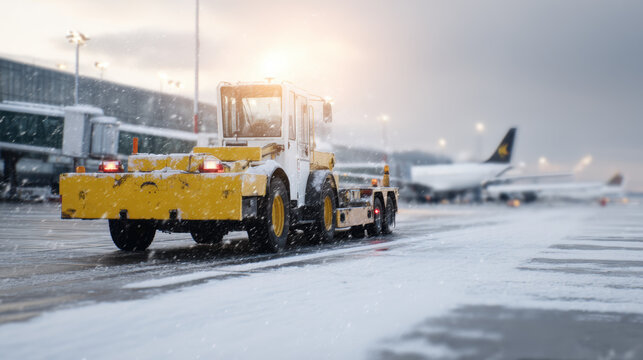 Fototapeta pushback truck is moving aircraft on snowy airport runway, with snow falling gently in background. scene captures busy atmosphere of winter operations at airport