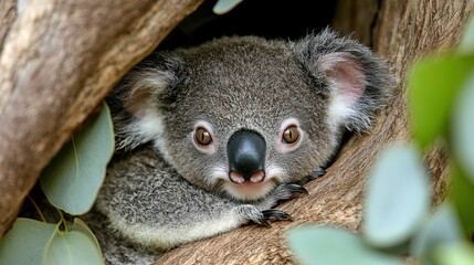 Fototapeta premium A baby koala clinging to its mother, gazing innocently at the camera with big, round eyes, surrounded by eucalyptus leaves. 