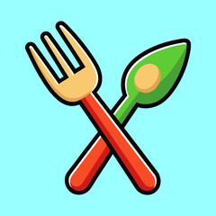 Cartoon Fork and Spoon Crossed Utensils on a Light Blue Background