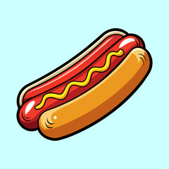 Cartoon illustration of a hot dog with mustard against light blue background