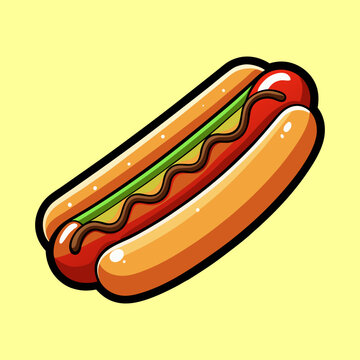 recommend clip art: Cartoon hot dog illustration with mustard, relish and bun, on yellow background