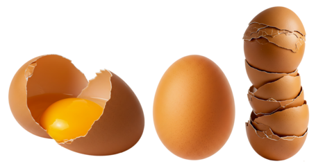 3 Egg Depicting Whole, Cracked with Yolk, and Stacked Broken Shells in a Minimalist Style