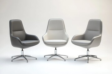 Three modern office chairs in gray, white, and light gray, showcasing sleek design and comfort.
