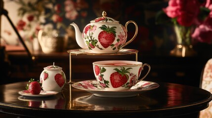 Fototapeta premium An elegant tea setting featuring a strawberry-filled cup with classic European design