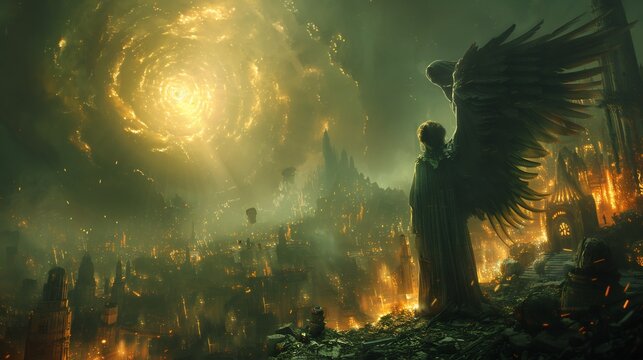 Dystopian vision inspired Book of Enoch featuring enochian literature ancient scriptures hyper realistic depiction of fallen angels and Nephilim set against a futuristic background with writing space