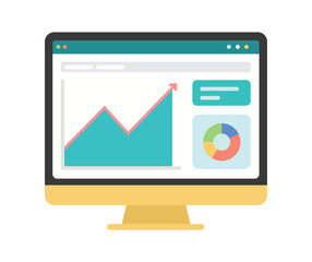 Web analytics information on a Computer screen flat icon.  trend graphs report concept. statistic charts for planning and accounting, analysis, audit.