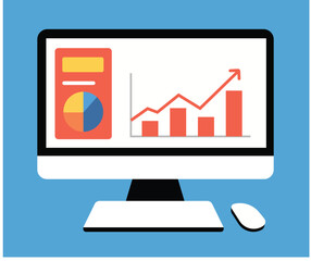 Web analytics information on a Computer screen flat icon.  trend graphs report concept. statistic charts for planning and accounting, analysis, audit.