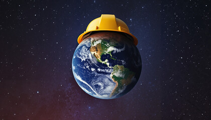 Naklejka premium Earth wearing a hard helmet floating in space with stars 