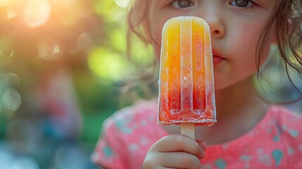 Close-up of a child enjoying a colorful large popsicle on a bright sunny day at a picnic bash