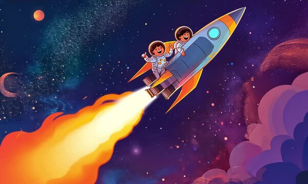 Happy cartoon astronauts ride a multicolored rocket through space sky made with Generative AI technology