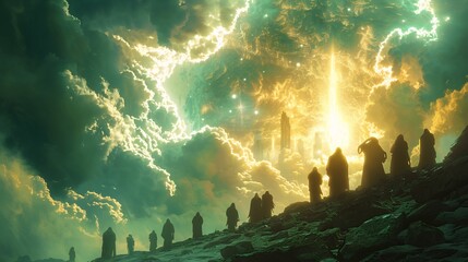 Dystopian vision inspired Book of Enoch featuring enochian literature ancient religious texts hyper realistic depiction of watchers biblical figures set against futuristic background writing space