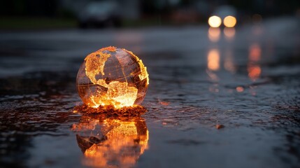 Contrasting elements  a burning globe on a rain soaked surface symbolizing climate change s duality