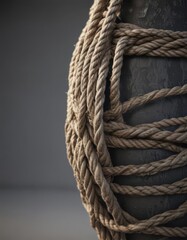 Thin rope nearing snapping, severe wear, fibers unraveling,  weak,  detail shot,  pressure