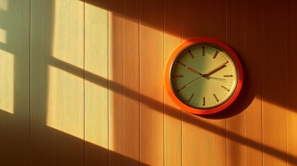 An orange framed clock is mounted on a wooden wall today