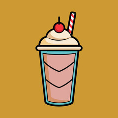 Stylized Cartoon Milkshake Illustration with Cherry and Straw on Gold Background
