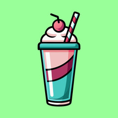 Retro Cartoon Milkshake with Cherry and Straw on Green Background
