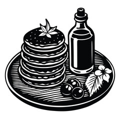 Camping Food & Cooking Gear vector silhouette illustration Outdoor breakfast pancake stack on tin plate, syrup bottle and fruit
