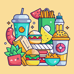 Cartoon Illustration of a Variety of Fast Food Items on Beige Background