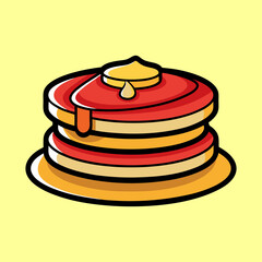Delicious stack of pancakes with butter and syrup on a plate cartoon