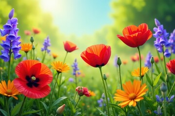 Fototapeta premium Vibrant mix of flowers including red poppies, bluebells, purple irises, and orange daisies bloom together in a sunny meadow landscape , Irises, Nature, Bluebells
