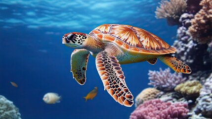 Fototapeta premium A rare sight of an endangered sea turtle (Chelonioidea) swimming gracefully through clear tropical waters, surrounded by colorful coral reefs. 
