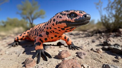 Obraz premium A slow-moving Gila monster hunting in the Sonoran Desert, its powerful, muscular legs propelling it along the rocky desert floor, with the harsh sunlight casting long shadows. 