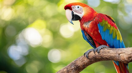 A vibrant macaw (Ara macao) perched on a branch, its striking red and blue feathers shining in the sunlight as it gazes into the distance. 
