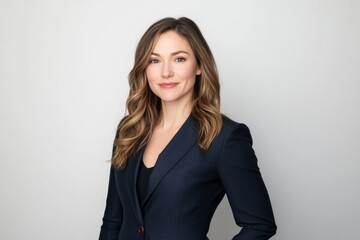 Obraz premium A woman with long brown hair smiles confidently while wearing a dark blue blazer against a light gray background.