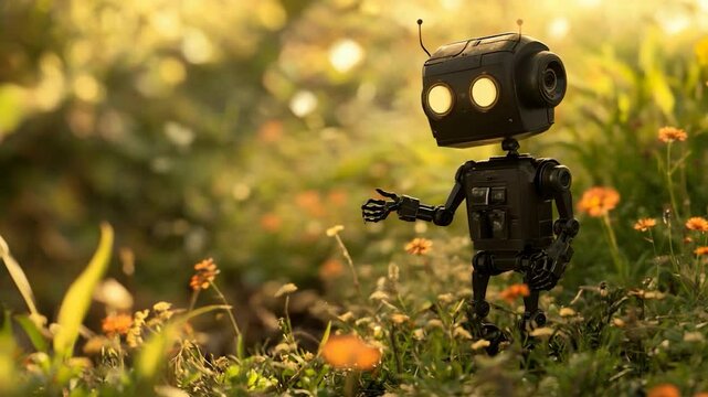 A small robot exploring a vibrant flower field during sunset