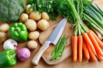Fresh vegetables on wooden table with knife