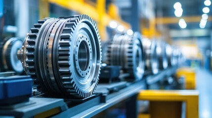 Obraz premium Glistening engine parts under fluorescent lights in a high-tech factory environment