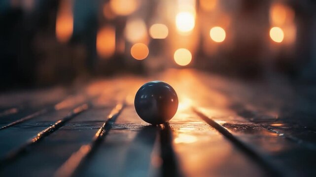 A solitary marble rolling on a wet cobblestone street at dusk