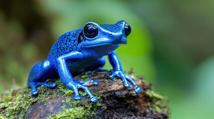Fototapeta premium Close-up of a blue poison dart frog (Dendrobatoides tinctorius), highlighting its bright blue skin and tiny features, in a tropical rainforest. 