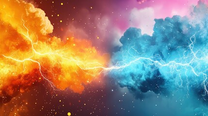 Fototapeta premium Intense blue and orange fractal lightning pattern, fire and ice sparks crossing each other