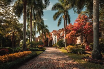 Obraz premium Blue sky, lovely lawn, palm palms, and a luxurious residence. A brick path leads to the entrance of the mansion. Generative Ai
