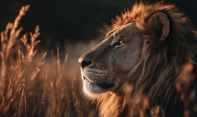 Naklejka premium Majestic lion profile in golden light