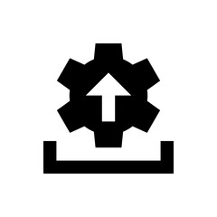 A black cogwheel with an upward pointing arrow emerging from a square base in a simple graphic design