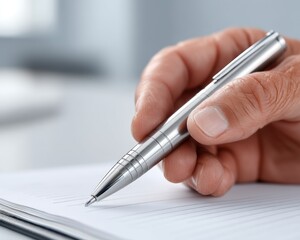 A blurred office scene with a focused hand holding a pen, notepad visible, suggesting a therapy session - contemplation hand guidance depression
