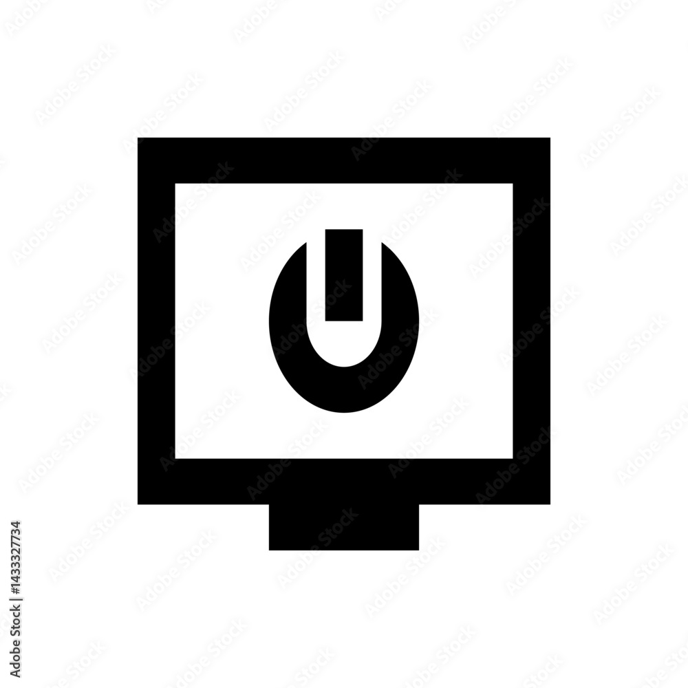 Poster black and white illustration of a monitor with a power button on the screen in a simple vector style