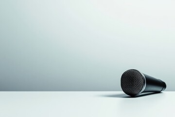 A single black microphone rests on a white surface against a muted gray backdrop.