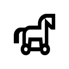 Illustration of a black outline of a toy horse with wheels on a white background in a simple style