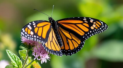 Fototapeta premium Close-up of a monarch butterfly perched on a flower in a field, with its colorful wings delicately displayed under the sun. 