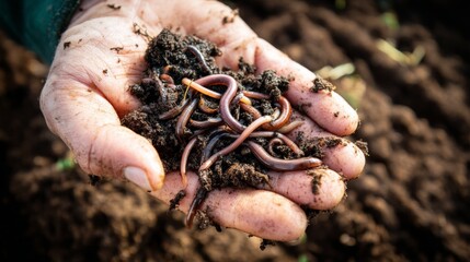 Hand holding earthworms in rich soil, representing a thriving and healthy soil ecosystem