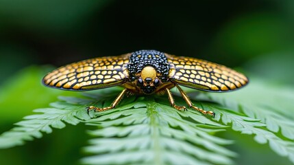 Close-up of a rare golden beetle with intricate patterns, resting on a green fern leaf, showcasing its delicate wings and glossy body. 
