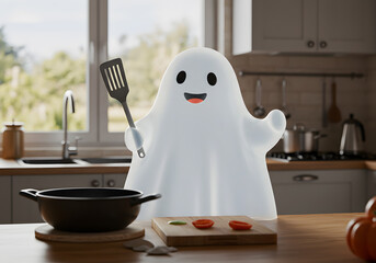 A cheerful ghost holds a spatula in a cozy kitchen, preparing a meal with vegetables on the counter, creating a whimsical cooking scene