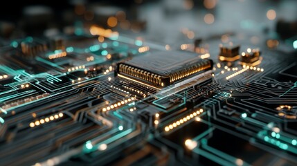 Obraz premium Advanced tech visualization circuit board, cpu, microchip, ai, neural networks, cloud data flow