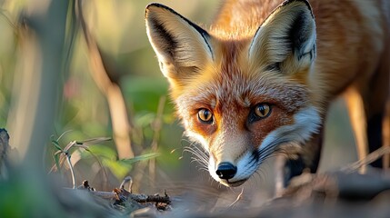 Close-up of a red fox with its bushy tail, looking curiously through a forest clearing in the early morning light. 