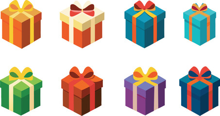 Set of Colorful Christmas Gift Boxes with Ribbons and Bows Festive Holiday Present Collection Illustration	