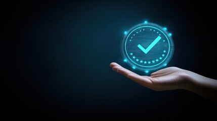 Hand holding digital checkmark; approval, dark background