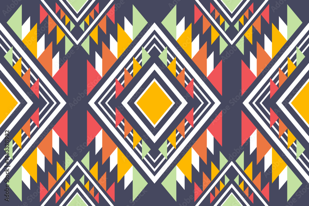 Poster A vibrant geometric pattern with colorful triangles and diamonds creates a mesmerizing symmetrical abstract design with unique ethnic vibes.